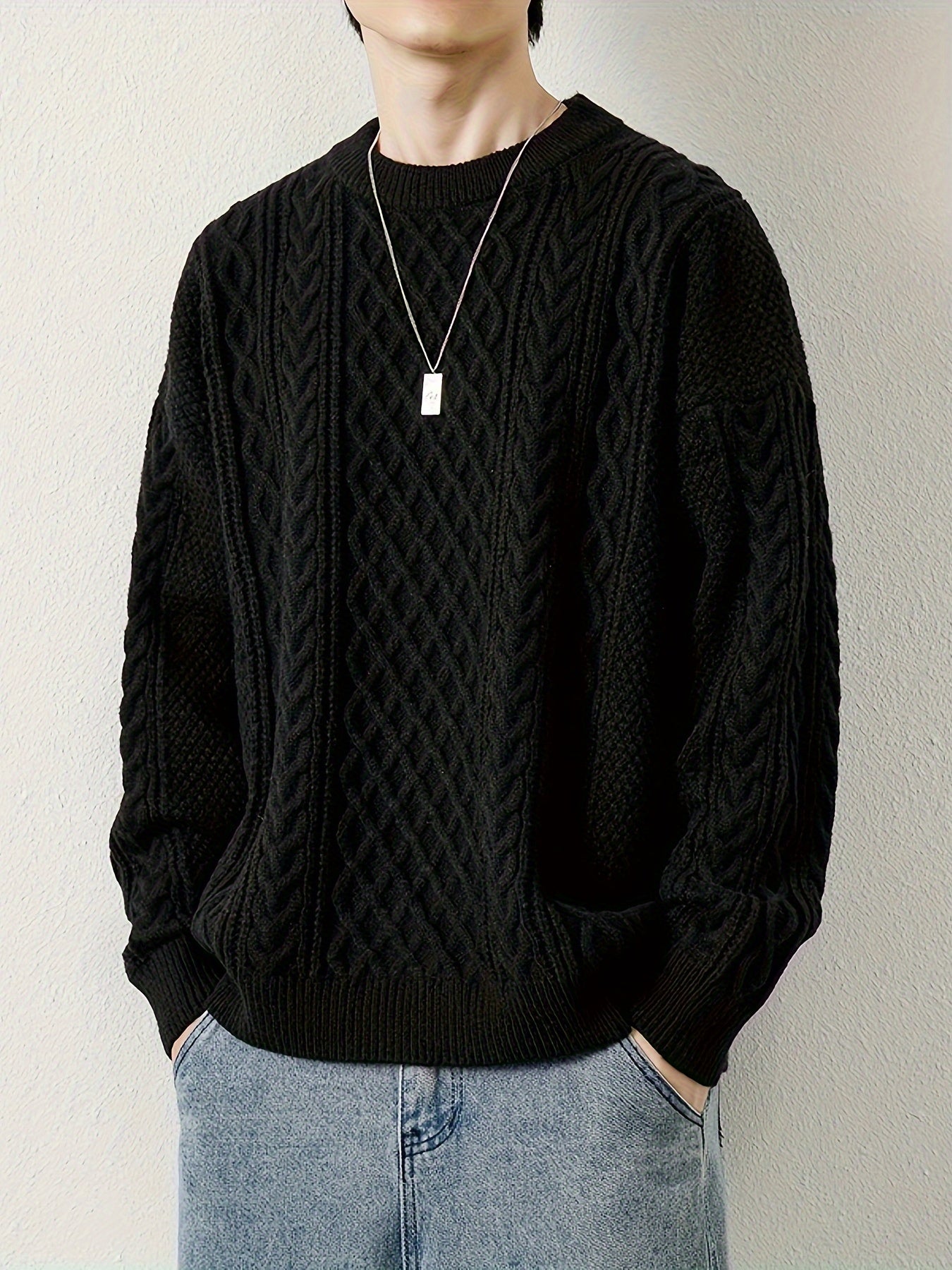 Joshua Relaxed Fit Crewneck Sweater | Cable Knit Ribbed Cuffs Sweater