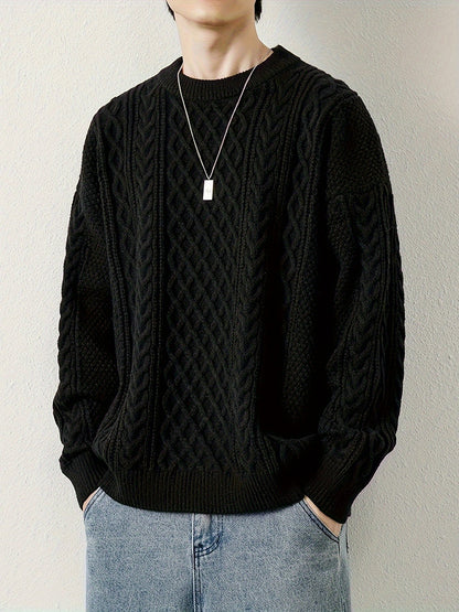 Joshua Relaxed Fit Crewneck Sweater | Cable Knit Ribbed Cuffs Sweater