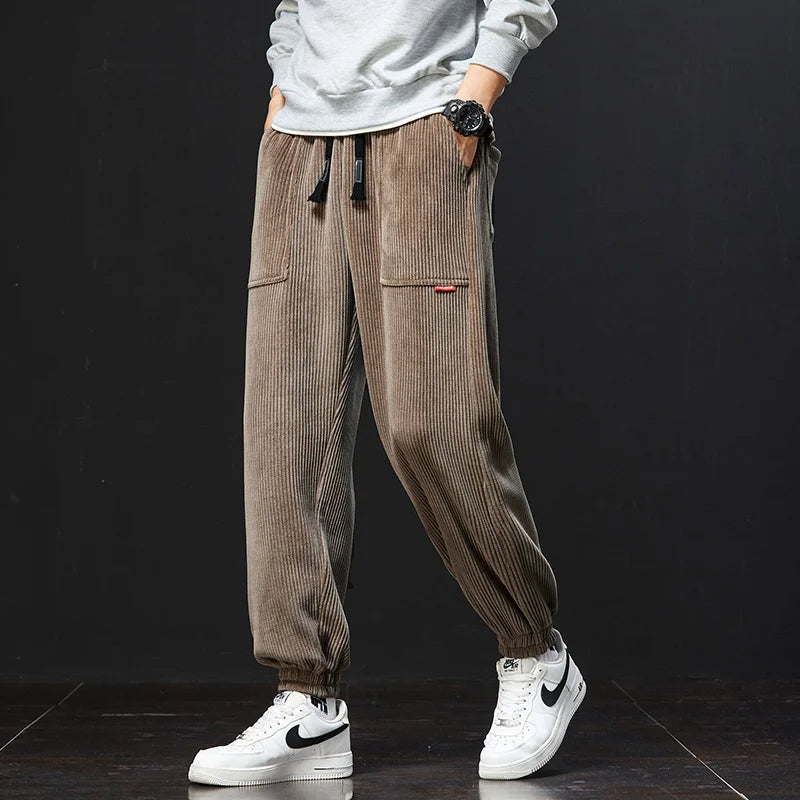 Oliver Ribbed Texture Relaxed Fit Jogger Pants | Drawstring Waist Patch Pockets Jogger Pants