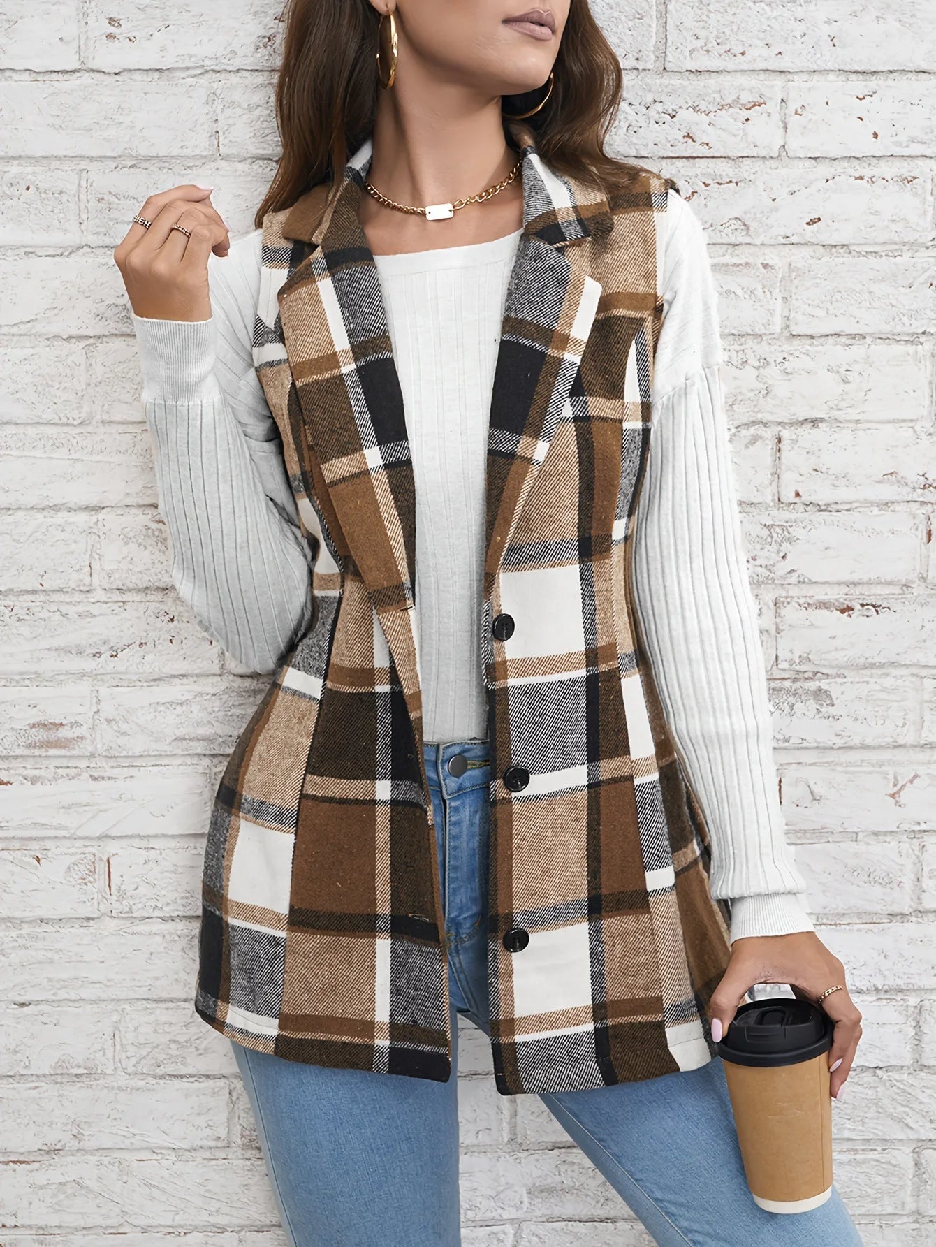 Viola Relaxed Fit Vest | Plaid Button Front Vest