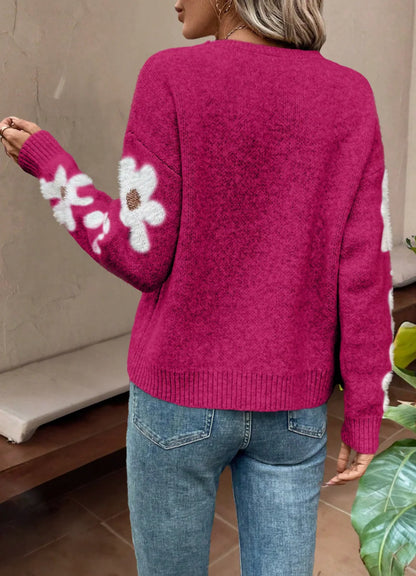 Freya Floral Crewneck Relaxed Fit Sweater | Ribbed Fuzzy Sweater