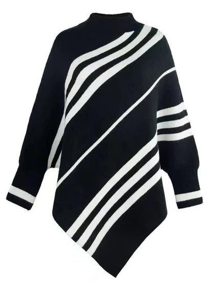 Isla Oversized Poncho Sweater | Striped Mock Neck Long Sleeve Poncho Sweater