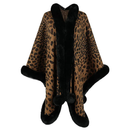 Isla Relaxed Fit Cape Shawl | Leopard Print Fur Trim Cape Shawl