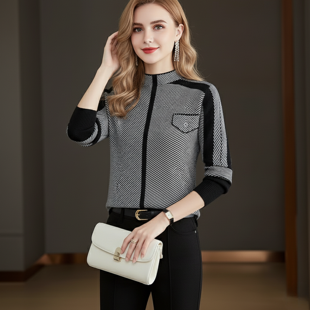 Isla Chevron Mock Neck Pullover Sweater | Color Block Patch Pocket Sweater