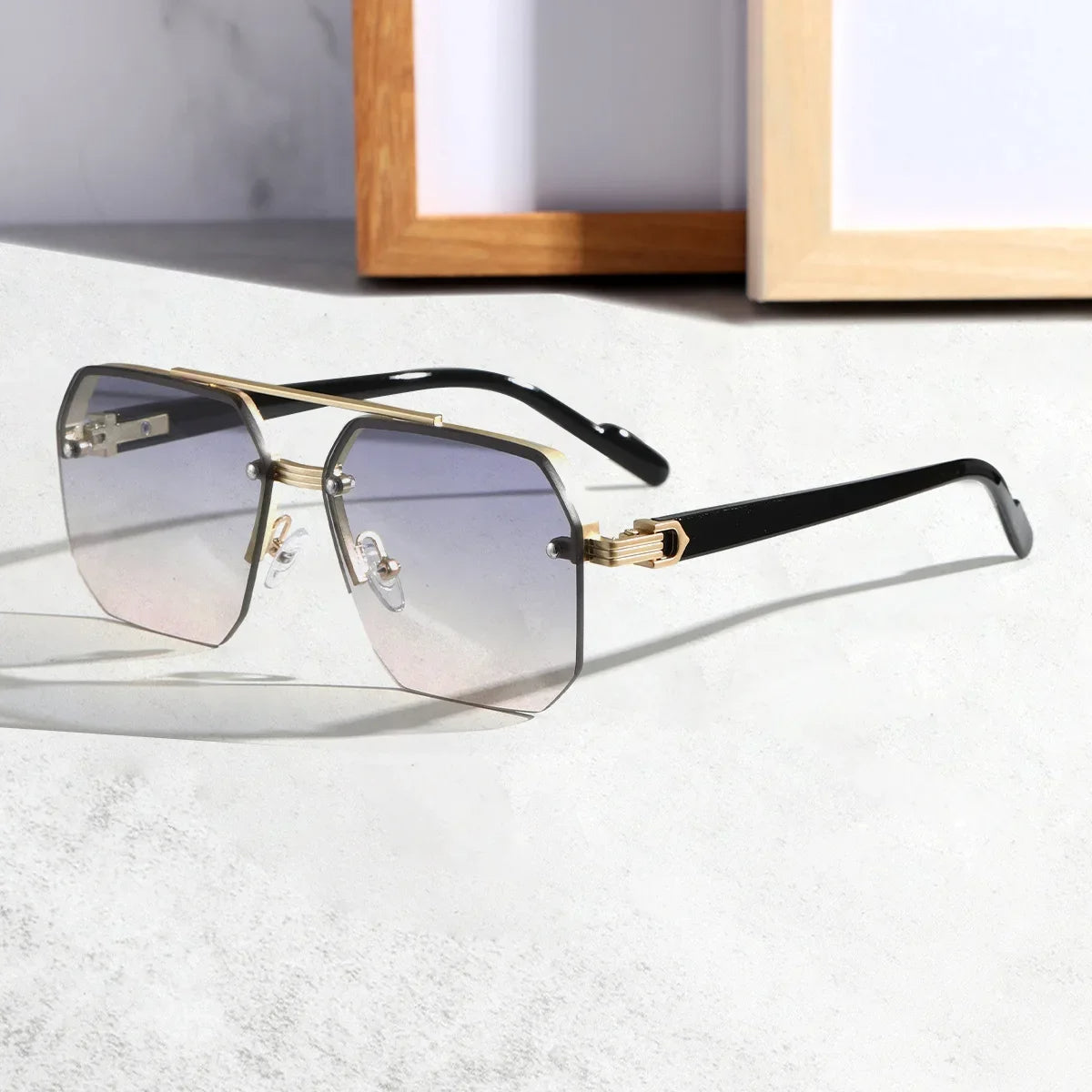 Harry Rimless Geometric Sunglasses | Double Bridge Geometric Sunglasses