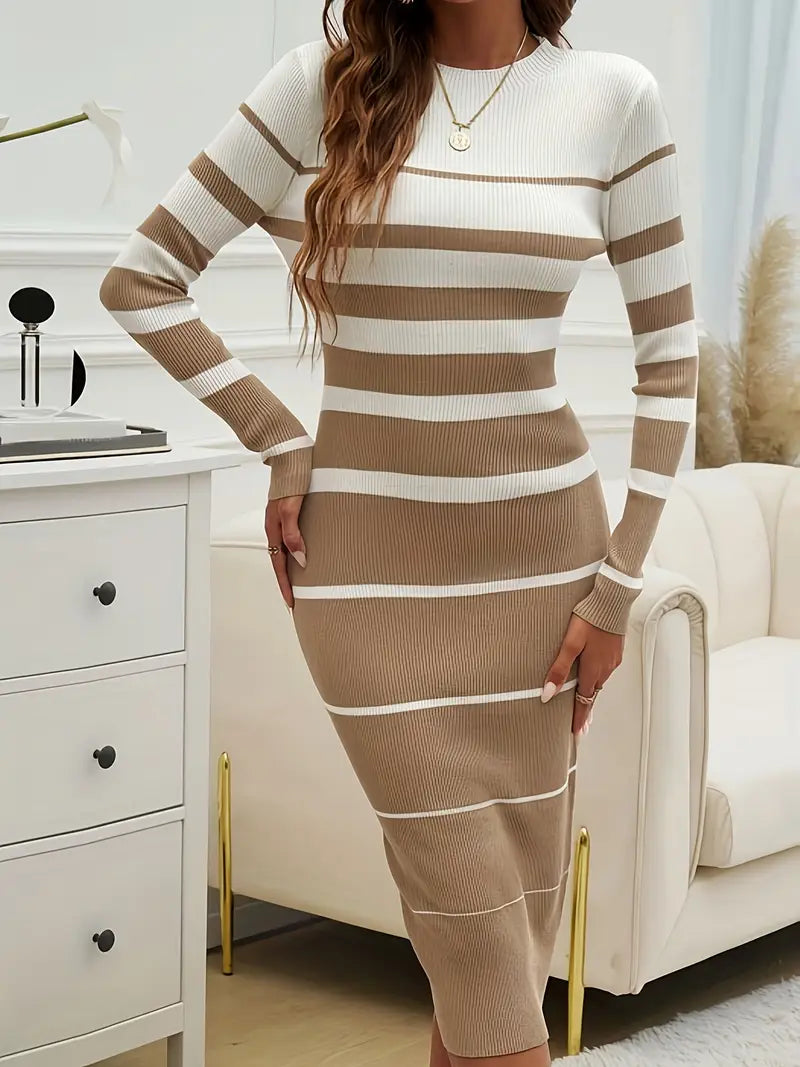 Sofia Ribbed Form-Fitting Bodycon Dress | Long Sleeve Crewneck Dress