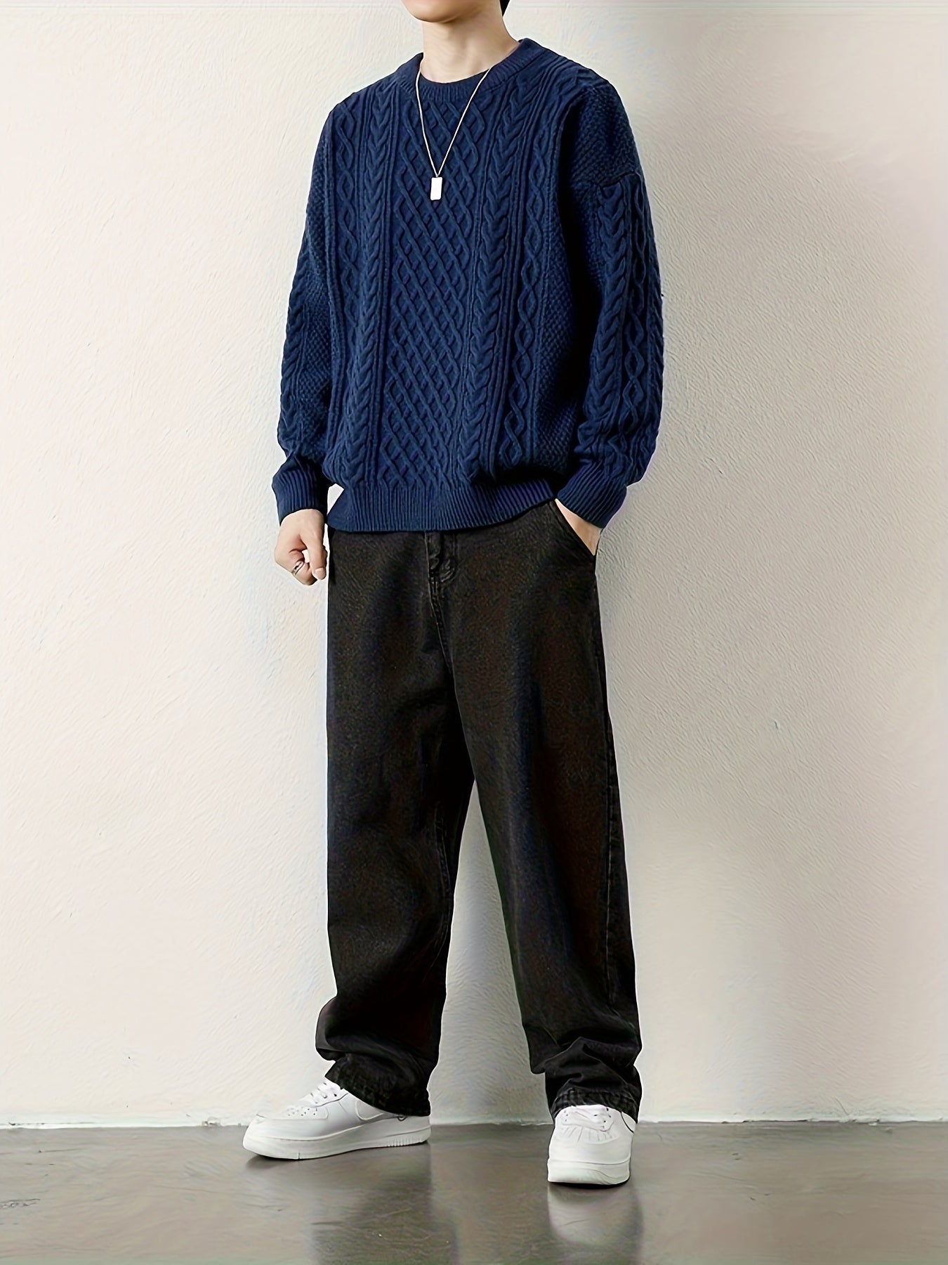 Joshua Relaxed Fit Crewneck Sweater | Cable Knit Ribbed Cuffs Sweater