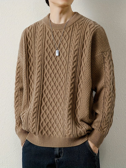 Joshua Relaxed Fit Crewneck Sweater | Cable Knit Ribbed Cuffs Sweater