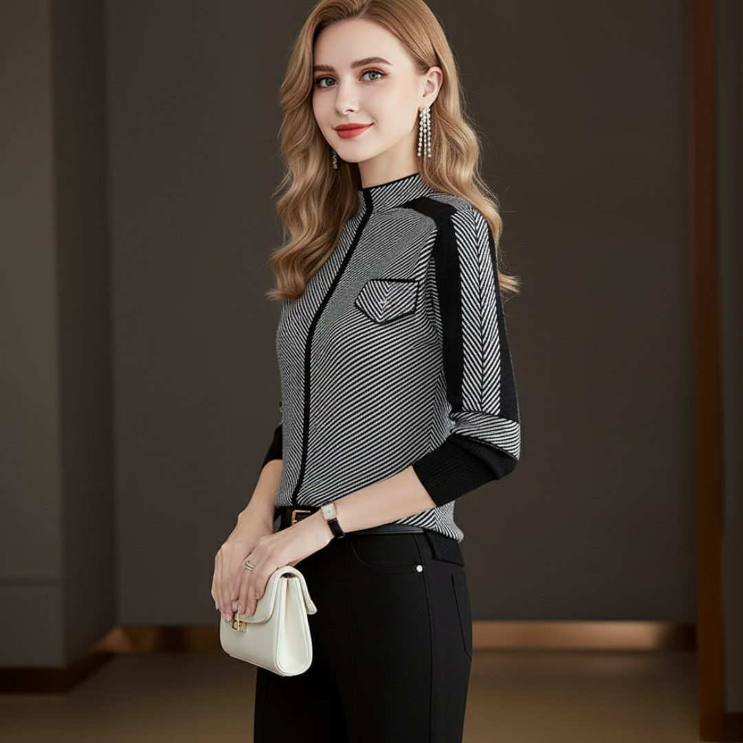 Isla Chevron Mock Neck Pullover Sweater | Color Block Patch Pocket Sweater