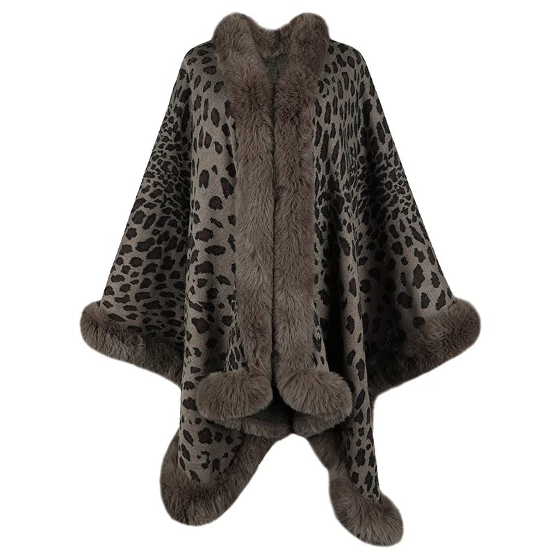 Isla Relaxed Fit Cape Shawl | Leopard Print Fur Trim Cape Shawl