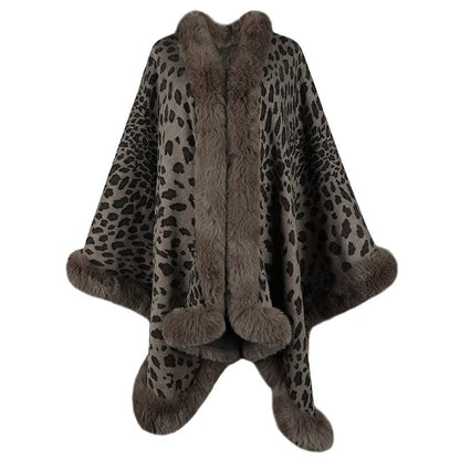 Isla Relaxed Fit Cape Shawl | Leopard Print Fur Trim Cape Shawl