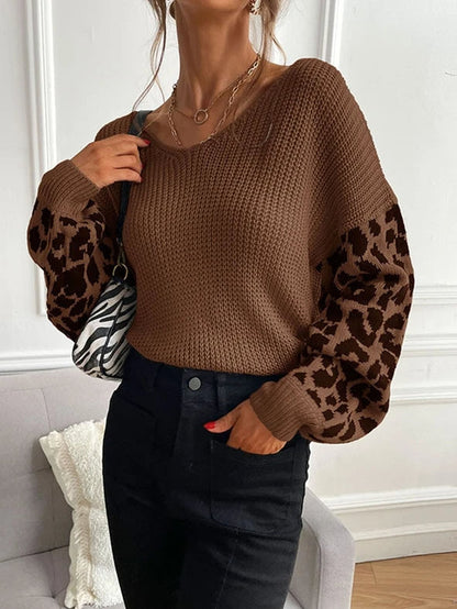 Amelia Leopard Print Relaxed Fit Knit Sweater | V-Neck Balloon Sleeve Sweater
