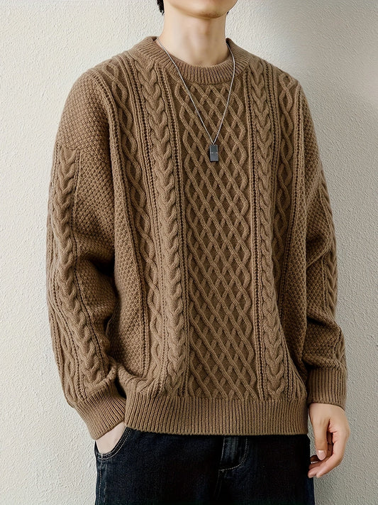 Joshua Relaxed Fit Crewneck Sweater | Cable Knit Ribbed Cuffs Sweater