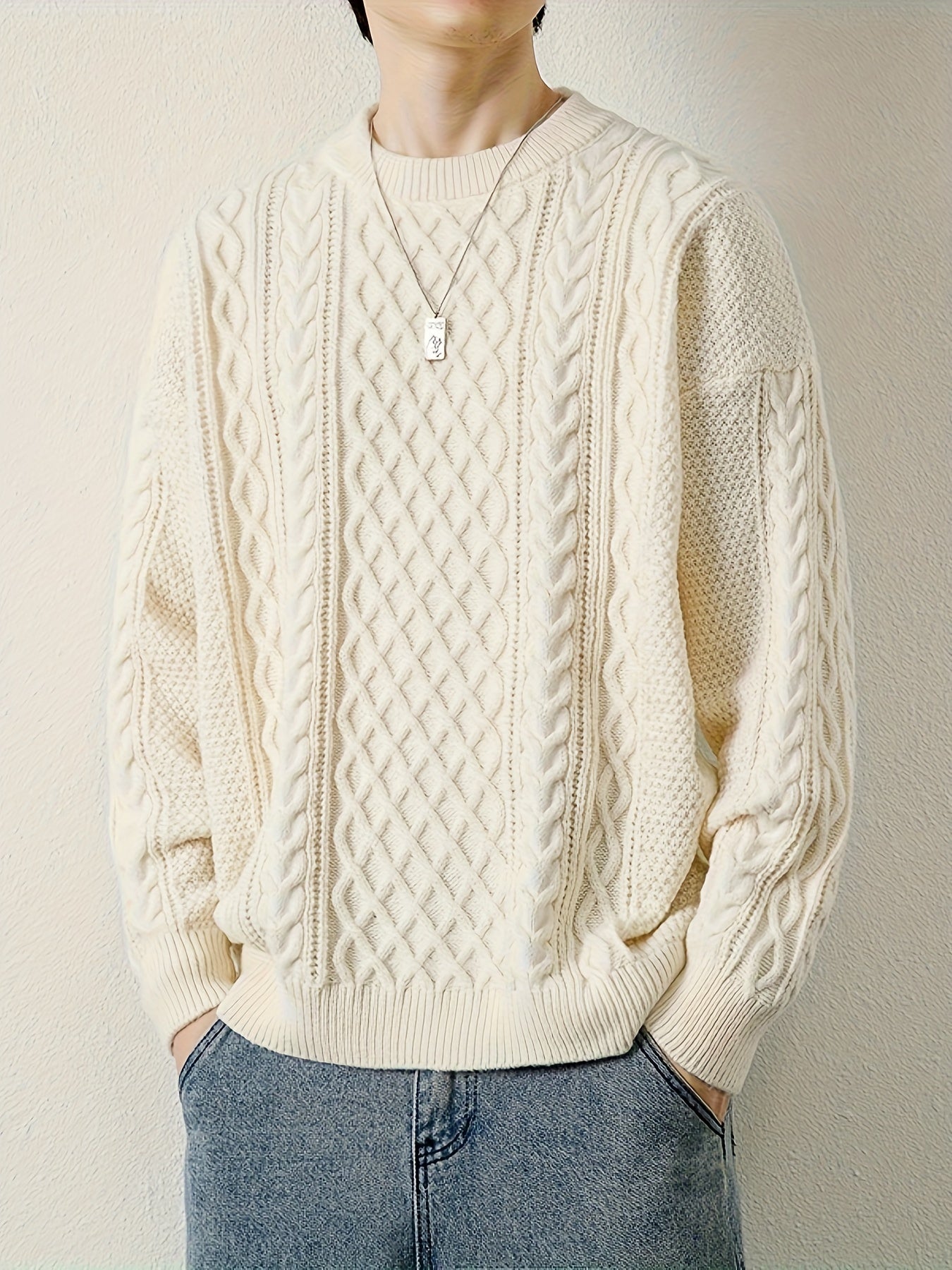 Joshua Relaxed Fit Crewneck Sweater | Cable Knit Ribbed Cuffs Sweater