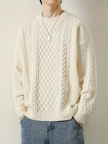Joshua Relaxed Fit Crewneck Sweater | Cable Knit Ribbed Cuffs Sweater