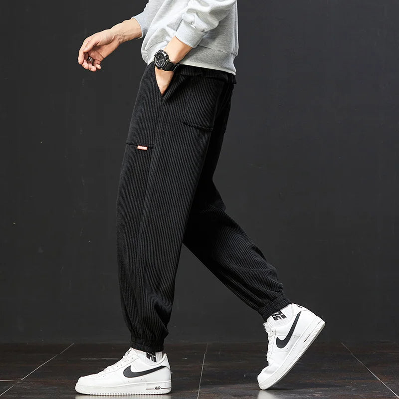 Oliver Ribbed Texture Relaxed Fit Jogger Pants | Drawstring Waist Patch Pockets Jogger Pants