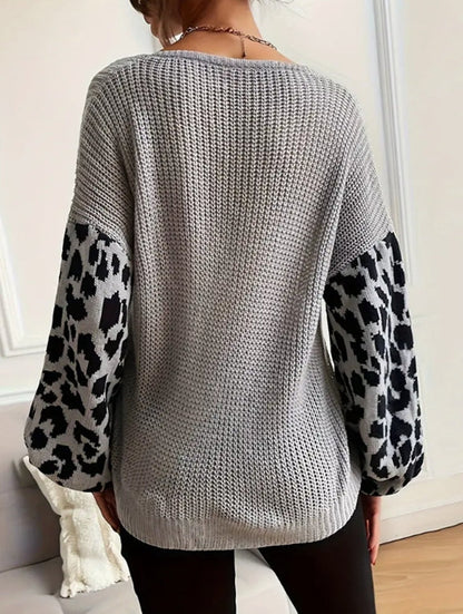 Amelia Leopard Print Relaxed Fit Knit Sweater | V-Neck Balloon Sleeve Sweater
