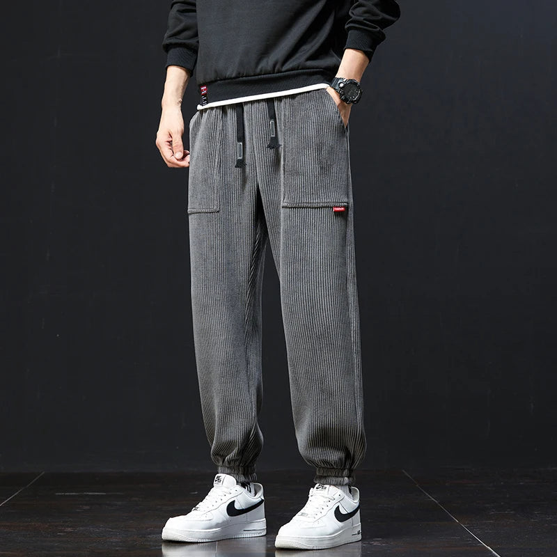 Oliver Ribbed Texture Relaxed Fit Jogger Pants | Drawstring Waist Patch Pockets Jogger Pants