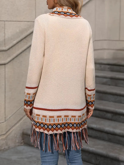 Isabella Relaxed Fit Cardigan | Fringe Detail Geometric Pockets Cardigan