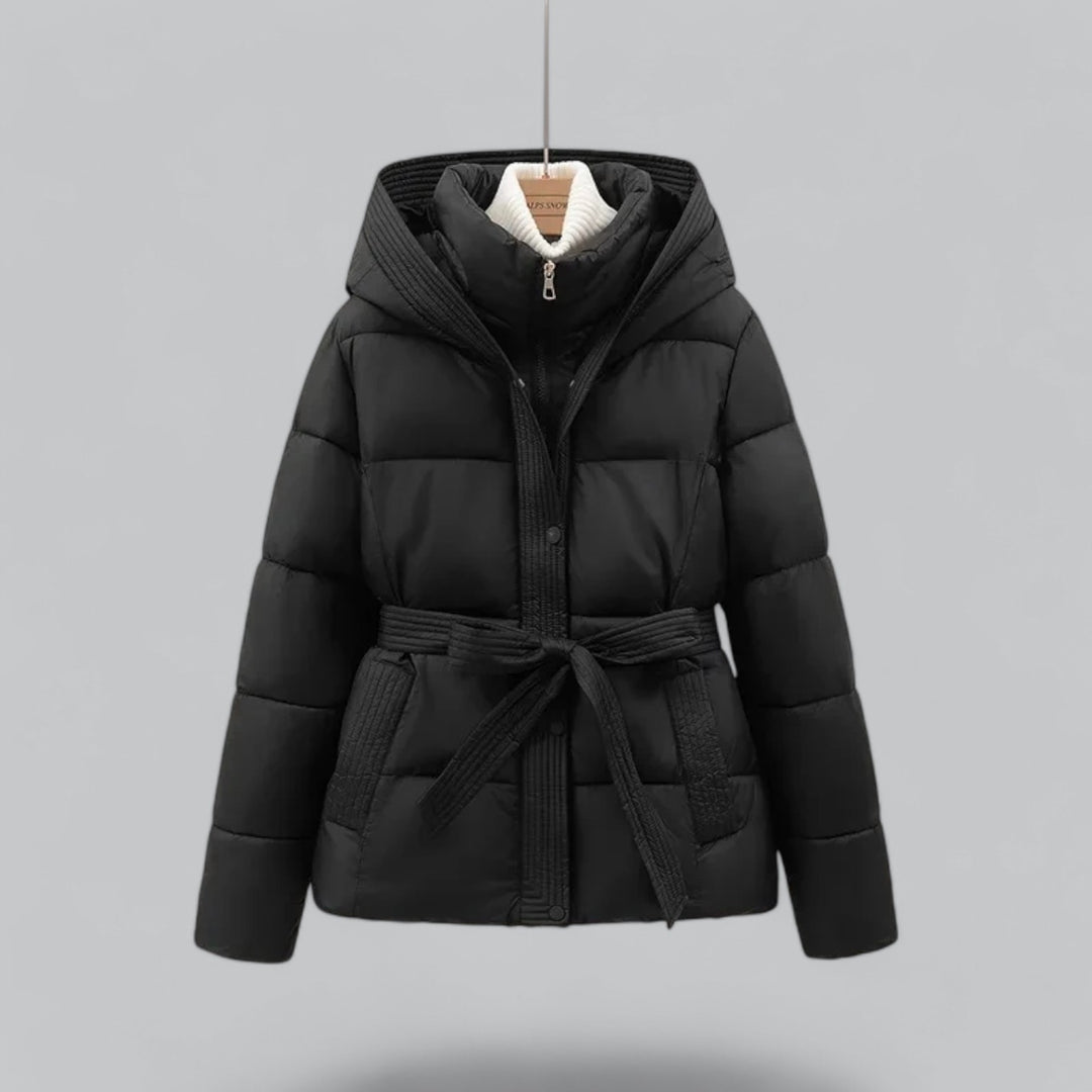 Isla Quilted Hooded Puffer Jacket | Belted Button Front Puffer Jacket