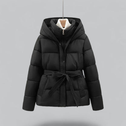 Isla Quilted Hooded Puffer Jacket | Belted Button Front Puffer Jacket