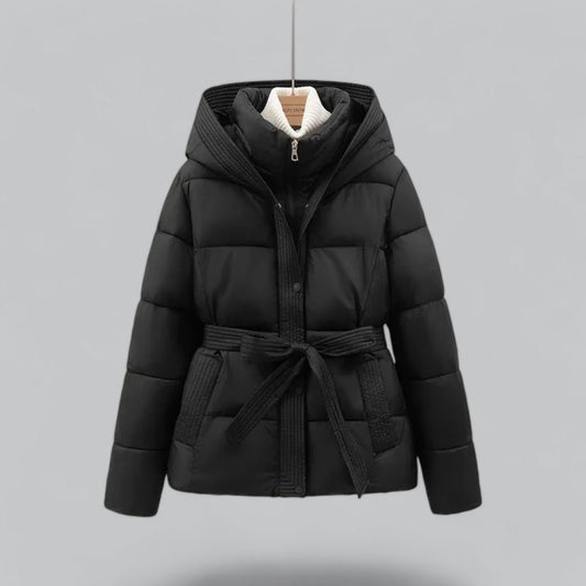 Isla Quilted Hooded Puffer Jacket | Belted Button Front Puffer Jacket