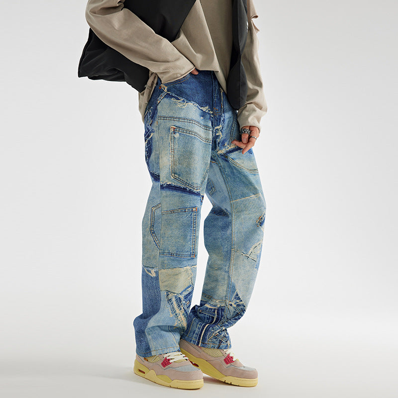 Men's Loose Straight Light Wash Cotton Jeans