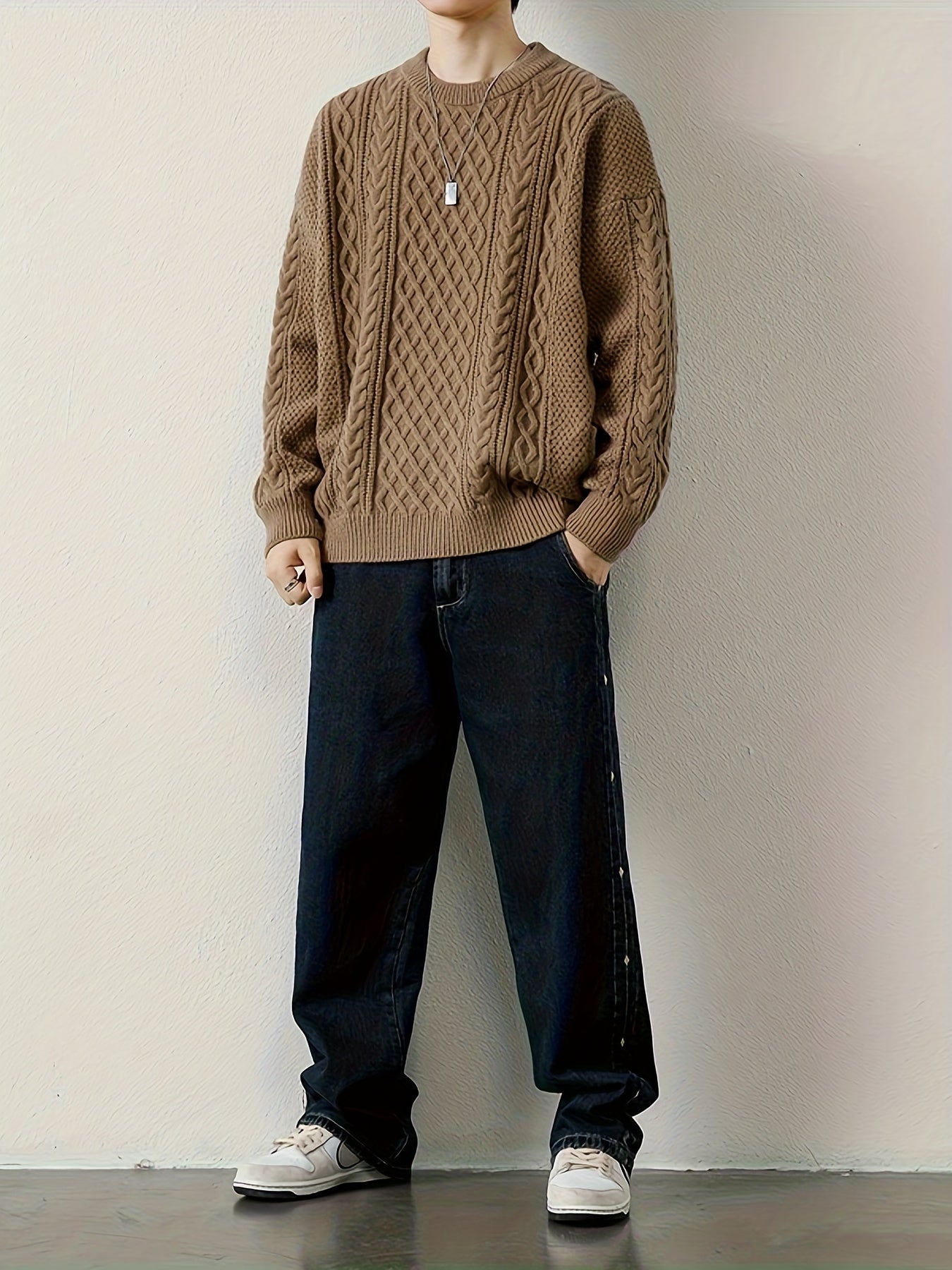 Joshua Relaxed Fit Crewneck Sweater | Cable Knit Ribbed Cuffs Sweater