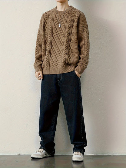 Joshua Relaxed Fit Crewneck Sweater | Cable Knit Ribbed Cuffs Sweater
