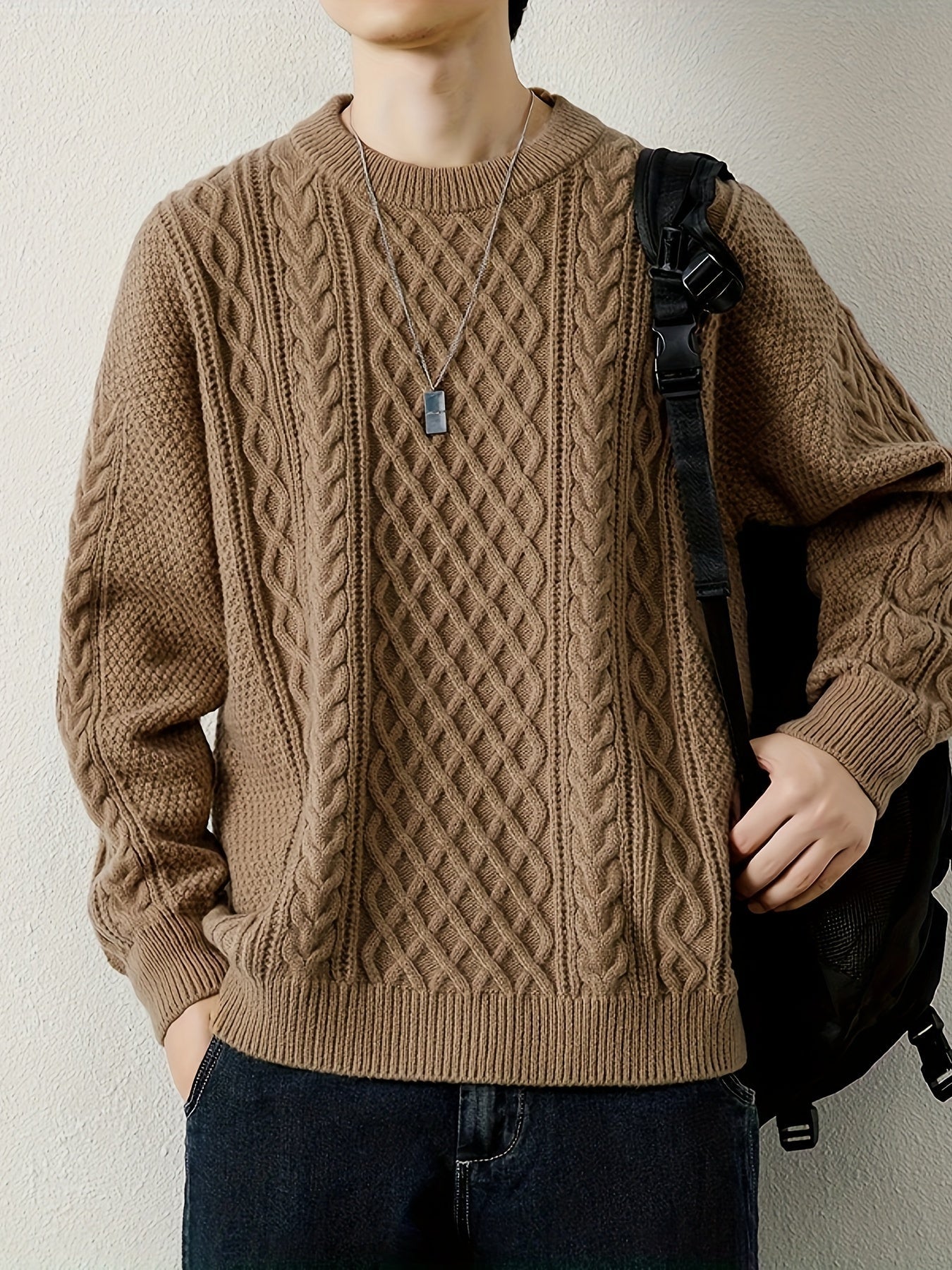 Joshua Relaxed Fit Crewneck Sweater | Cable Knit Ribbed Cuffs Sweater