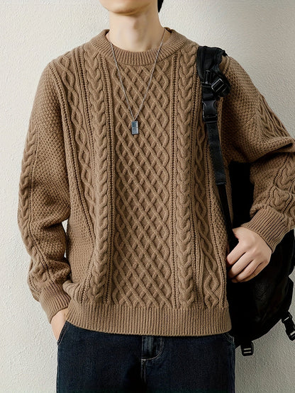 Joshua Relaxed Fit Crewneck Sweater | Cable Knit Ribbed Cuffs Sweater