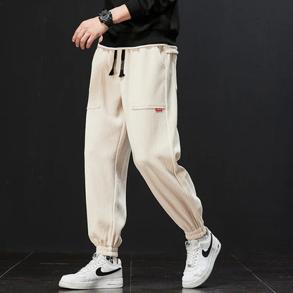 Oliver Ribbed Texture Relaxed Fit Jogger Pants | Drawstring Waist Patch Pockets Jogger Pants