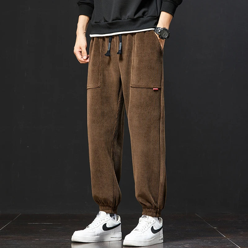 Oliver Ribbed Texture Relaxed Fit Jogger Pants | Drawstring Waist Patch Pockets Jogger Pants