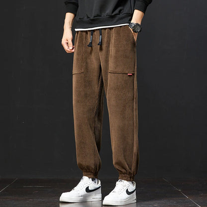 Oliver Ribbed Texture Relaxed Fit Jogger Pants | Drawstring Waist Patch Pockets Jogger Pants