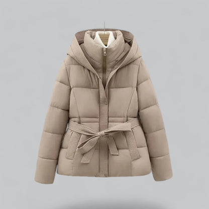 Isla Quilted Hooded Puffer Jacket | Belted Button Front Puffer Jacket