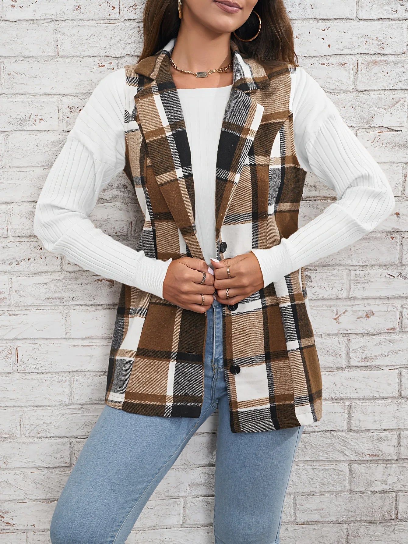 Viola Relaxed Fit Vest | Plaid Button Front Vest