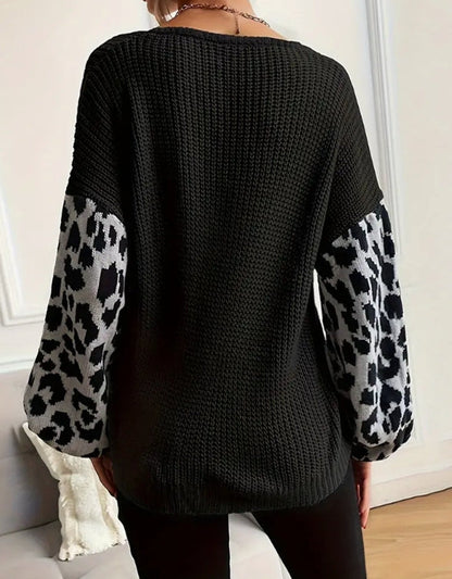 Amelia Leopard Print Relaxed Fit Knit Sweater | V-Neck Balloon Sleeve Sweater
