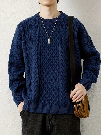 Joshua Relaxed Fit Crewneck Sweater | Cable Knit Ribbed Cuffs Sweater