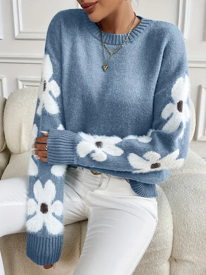 Freya Floral Crewneck Relaxed Fit Sweater | Ribbed Fuzzy Sweater