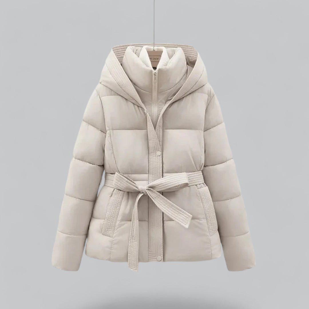 Isla Quilted Hooded Puffer Jacket | Belted Button Front Puffer Jacket
