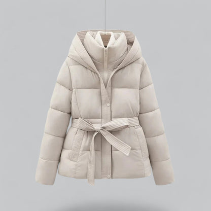 Isla Quilted Hooded Puffer Jacket | Belted Button Front Puffer Jacket