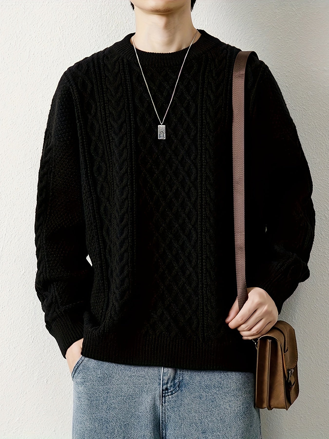 Joshua Relaxed Fit Crewneck Sweater | Cable Knit Ribbed Cuffs Sweater