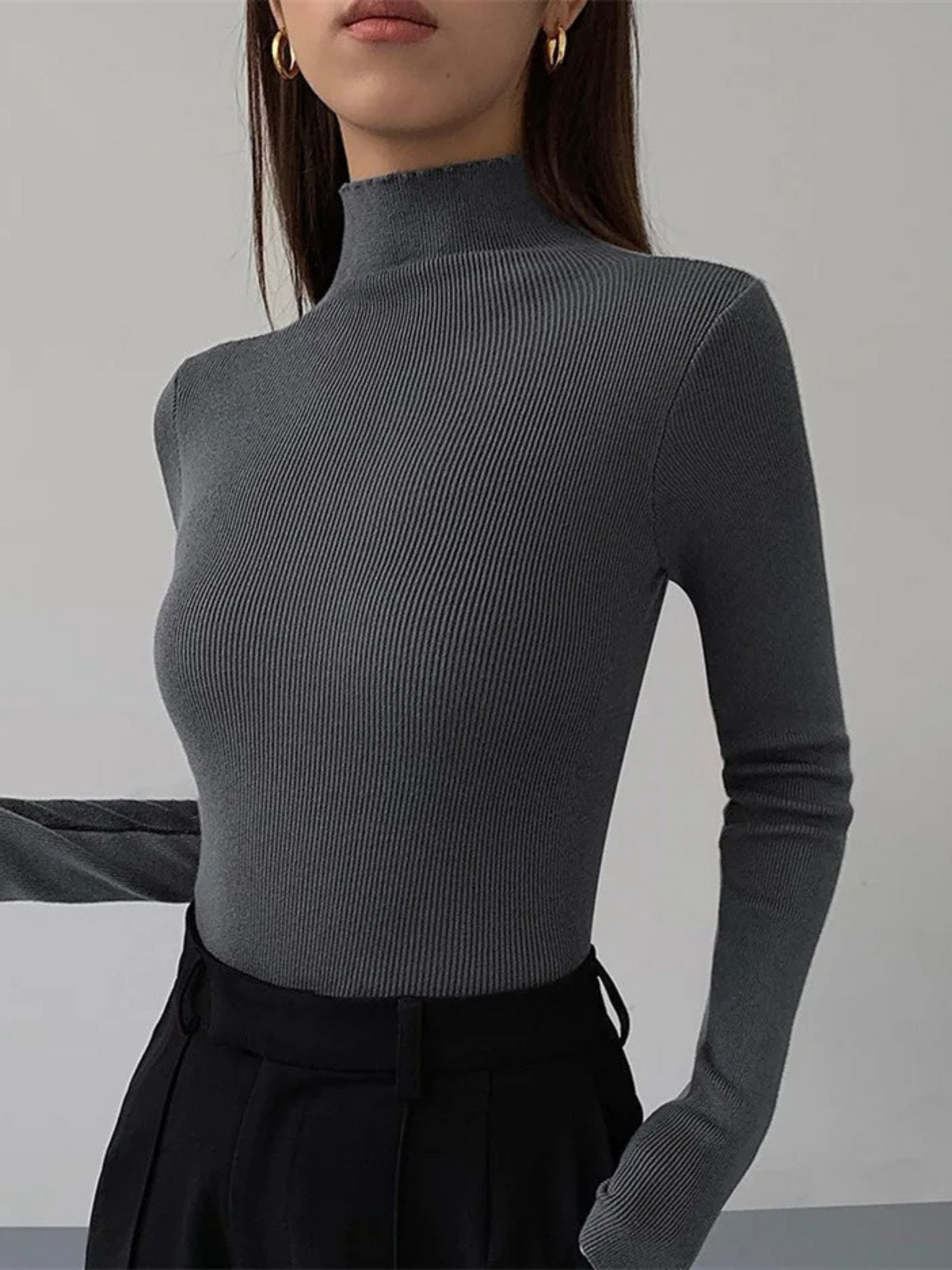 Stella Slim Fit Ribbed Contrast Turtleneck Sweater | Long Sleeve Hip-Length Sweater