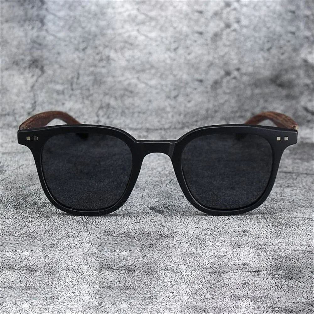Theodore Matte Finish Wooden Arms Square Frame Sunglasses | Dark Lenses Sunglasses