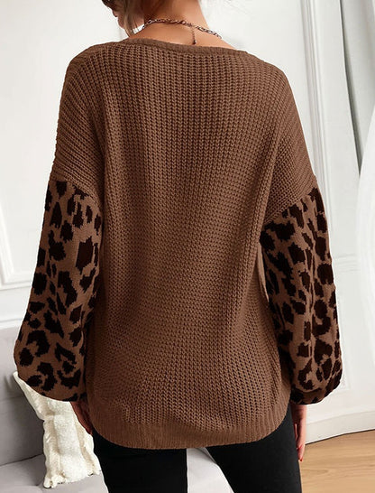 Amelia Leopard Print Relaxed Fit Knit Sweater | V-Neck Balloon Sleeve Sweater