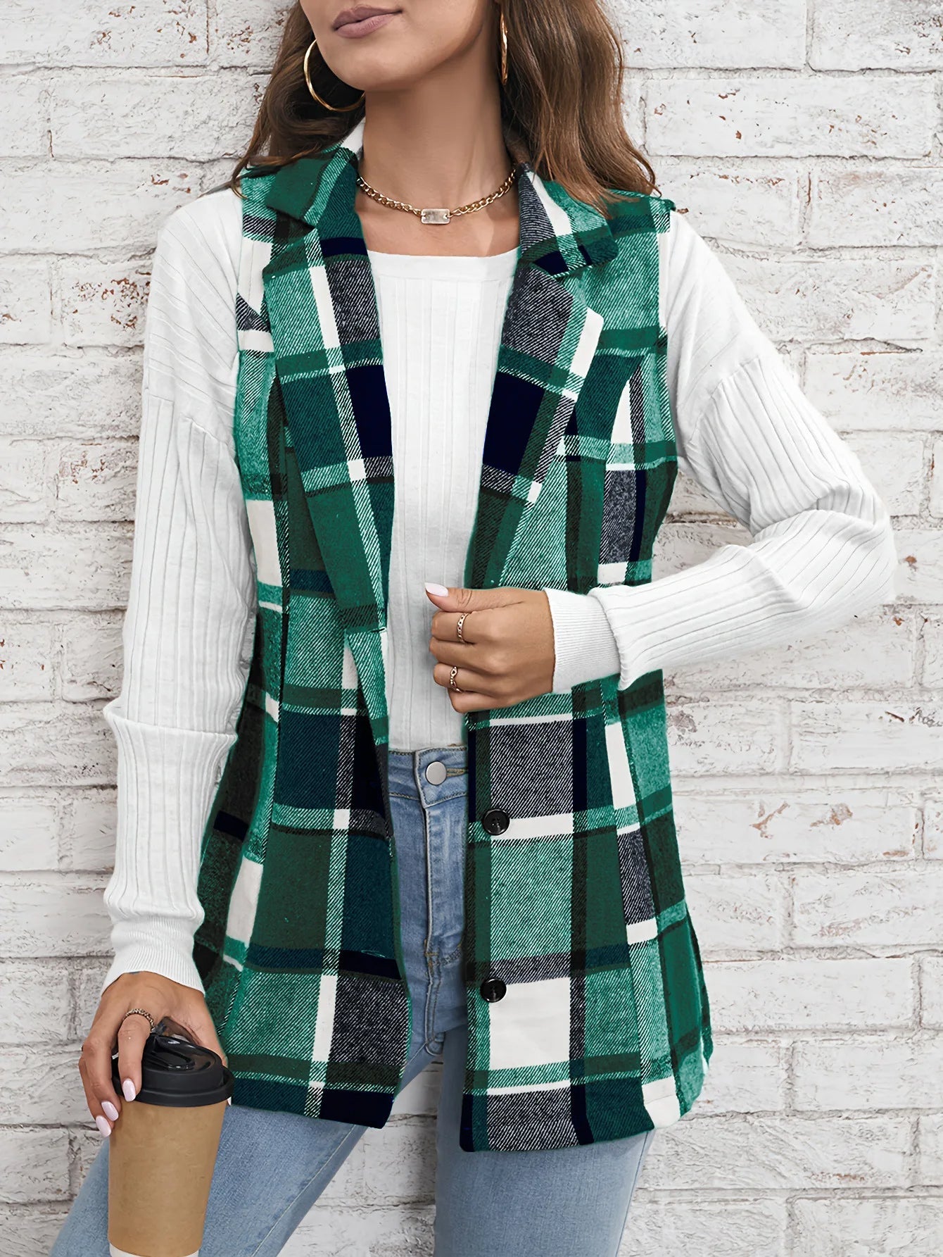 Viola Relaxed Fit Vest | Plaid Button Front Vest