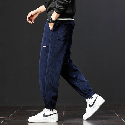 Oliver Ribbed Texture Relaxed Fit Jogger Pants | Drawstring Waist Patch Pockets Jogger Pants