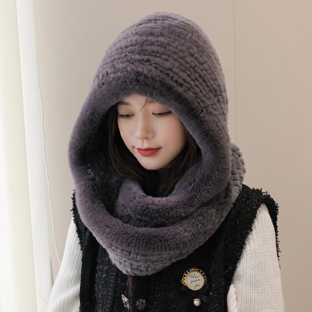 Amelia Ribbed Relaxed Fit Hooded Fur Wrap | Sleeveless Cowl Neck Hooded Fur Wrap