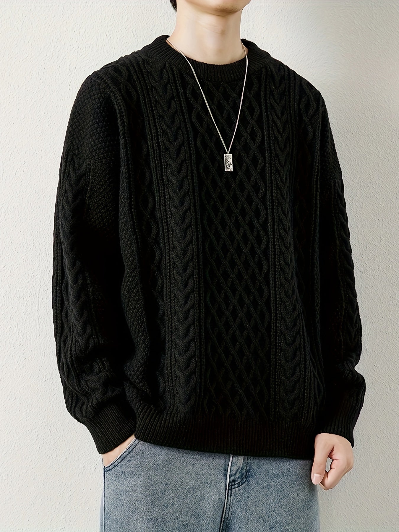 Joshua Relaxed Fit Crewneck Sweater | Cable Knit Ribbed Cuffs Sweater