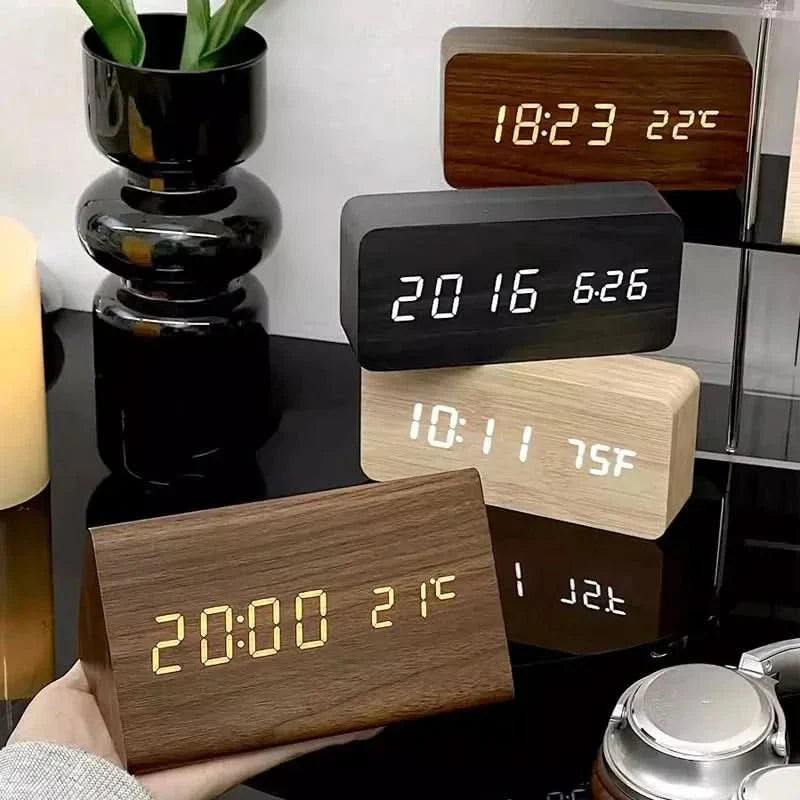 Minimalist Wooden LED Digital Clock with Temperature Display